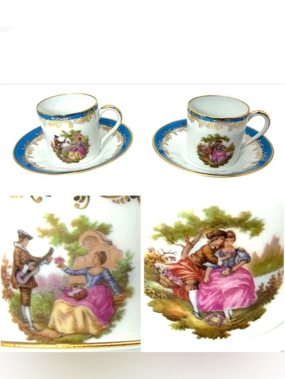 LIMOGES D'ART FRAGONARD ESPRESSO CUP & SAUCER DEMITASSE COURTING COUPLE Blue